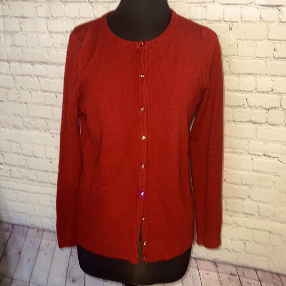 Large button down cardigan sweater. Crystal buttons. Brick red. Exc cond…